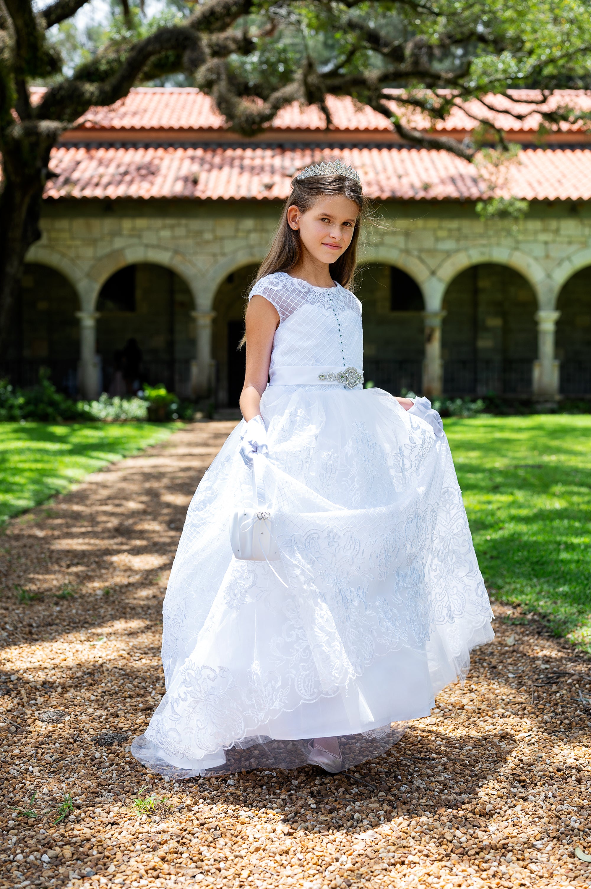 Sweetie Pie Communion White Gown with Satin Bodice and Cascading Tulle –  Sara's Children's Boutique