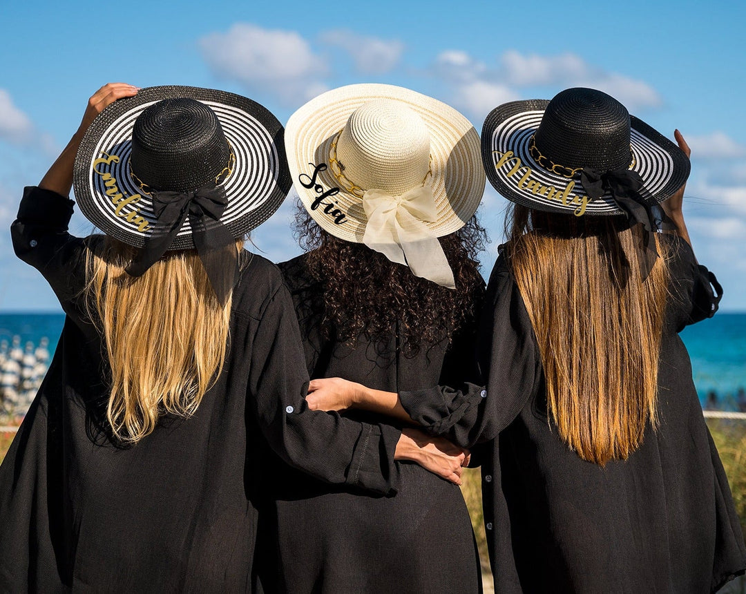 Bridal Beach Hat & Cover Up Set For Bride Tribe – Black Sun Hat With Matching Kimono