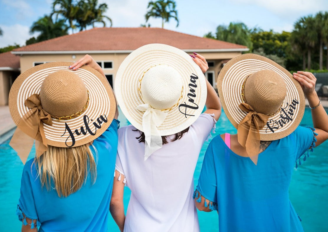 Custom Striped Sun hat with bow Matching sum hats Customized floppy sum hats with names Bachelorette hats Bride to be party Bridesmaids Sunny Boutique Miami